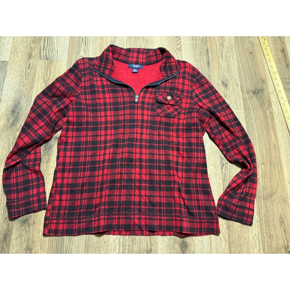 Chaps Shirt Women's Size Large Black Red Plaid Long Sleeve Shirt 3/4 Zipper